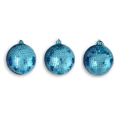 Image of Set Of Three Light Blue Sequinned Bauble Christmas Tree Decorations