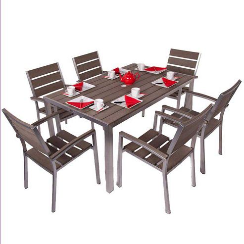 Image of Valencia 6 Seater Rectangular Brushed Stainless & Plaswood Set - Outdoor/garden Table And Chair Set
