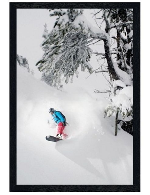Image of Snowboarding Black Wooden Framed Snowboarder Under Tree Poster