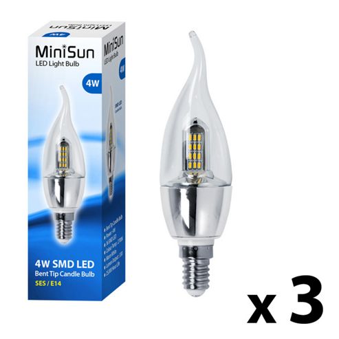 Image of Pack Of Three Minisun Ses E14 4w Smd Led Bent Tip Candle Bulbs Warm White