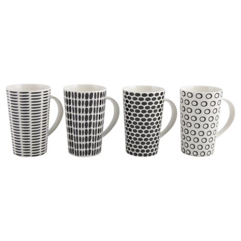Image of Tesco Black And White Geo Print Latte Mugs 4 Pack