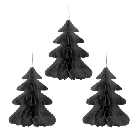 Image of Set Of Three Black Paper Honeycomb Christmas Tree Hanging Decorations