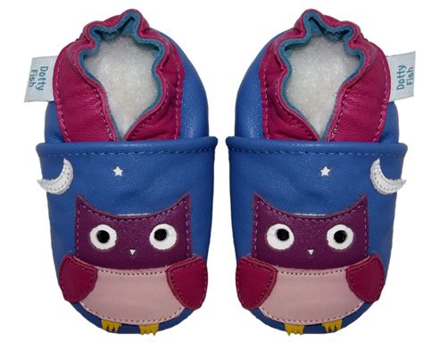 Image of Dotty Fish Soft Leather Baby Shoe - Cornflower Blue And Pink Owl - Blue