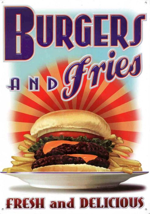 Image of Burger And Fries Fresh And Delicious! Tin Sign