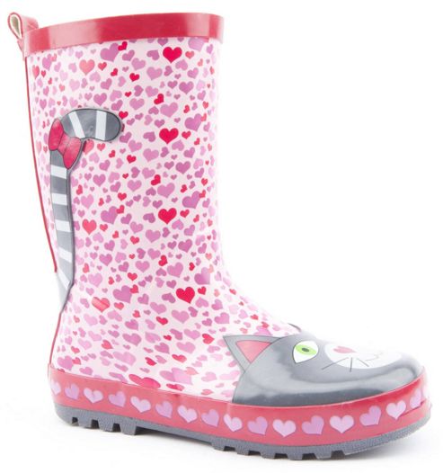 Image of Brantano Girls Heart Cat Pink Wellington Boots - Pink