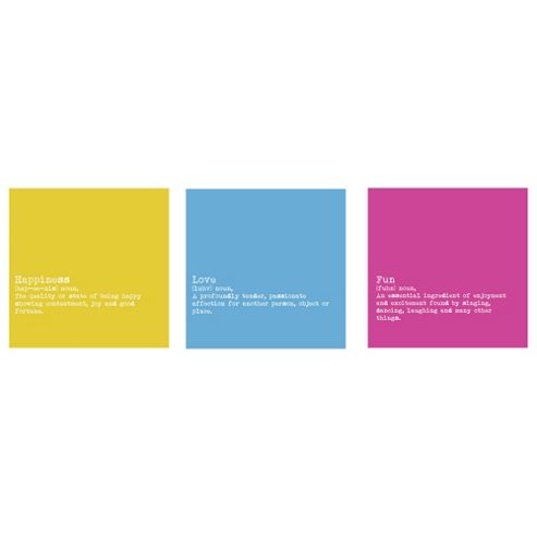 Image of Happiness, Love, Fun Set Of 3 Canvases 20 X 60cm