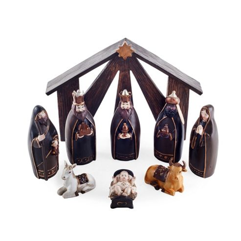 Image of Nine Piece Black & Gold Resin Christmas Nativity Set