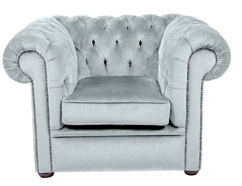 Image of Snug City Club Chair Crushed Velvet Sky Chesterfield Sofa, Made In The Uk.