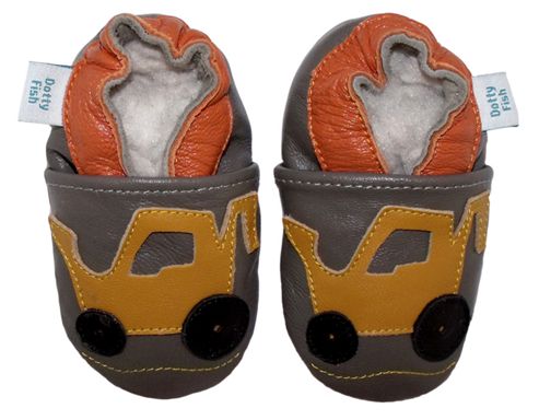 Image of Dotty Fish Soft Leather Baby Shoe - Grey And Yellow Digger - Grey