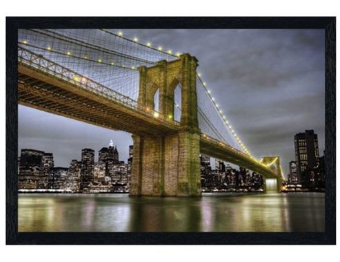 Image of New York City Black Wooden Framed Brooklyn Bridge At Night Poster