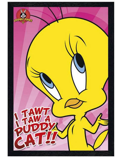 Image of Looney Tunes Tweety Pie Black Wooden Framed I Tawt I Taw A Puddy Cat Poster