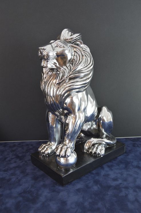 Image of 1ft2 (36cm) Electro Plated Silver Sitting Lion Left Foot On Ball + Black Base