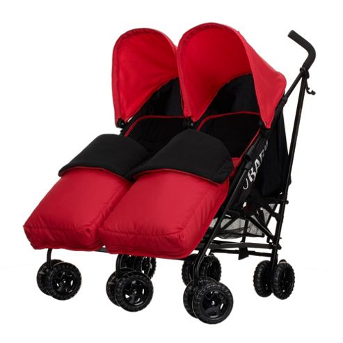 Image of Obaby Apollo Black & Grey Twin Stroller With 2 Red Footmuffs - Red