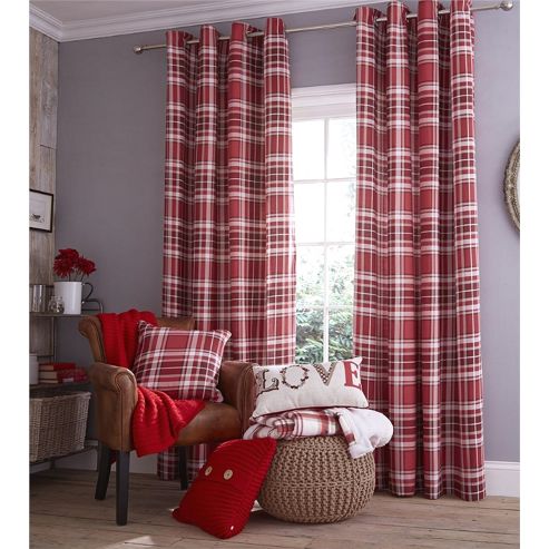 Image of Catherine Lansfield Home Cotton Rich Twill Check Red Curtains 46x72