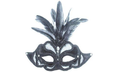 Image of Black Net Mask With Feathers On Headband