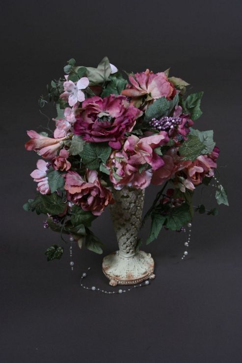 Image of Artificial 45cm Purple Rose, Pink Rose, Mixed Foliage And Pearl Bead Display In An Ivory And Gold Ceramic Vase