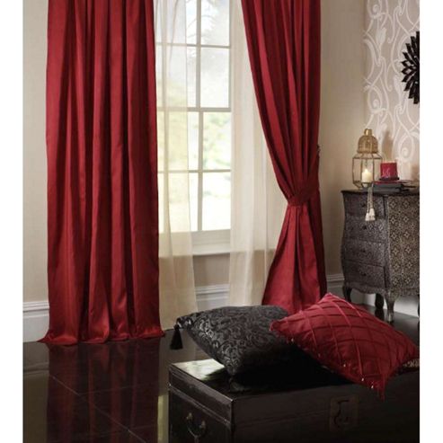 Image of Catherine Lansfield Home Plain Faux Silk Curtains 66x72 (168x183cm) - Ruby - Tie Backs Included