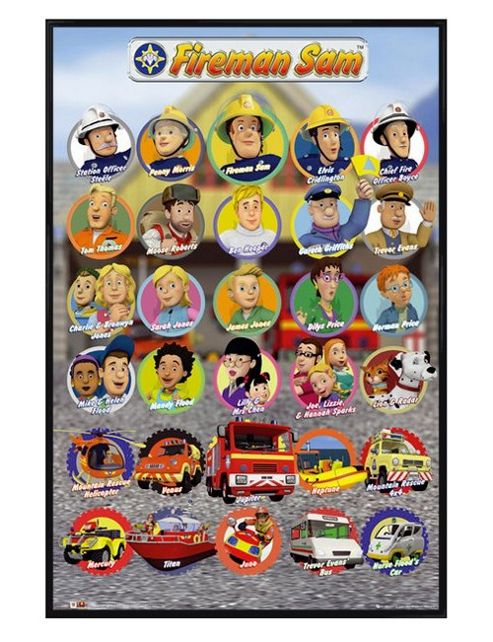 Image of Gloss Black Framed Fireman Sam All The Characters Poster