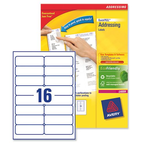 Image of Avery Addressing Labels Laser Jam-free 16 Per Sheet 99.1x33.9mm White Ref L7162-250 [4000 Labels]