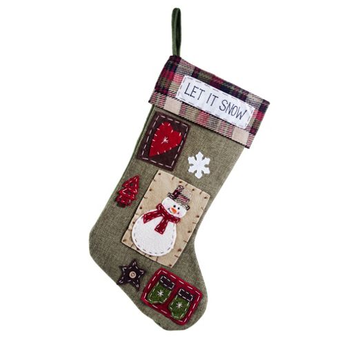Image of Hanging Green Fabric Christmas Snowman 'let It Snow' Stocking