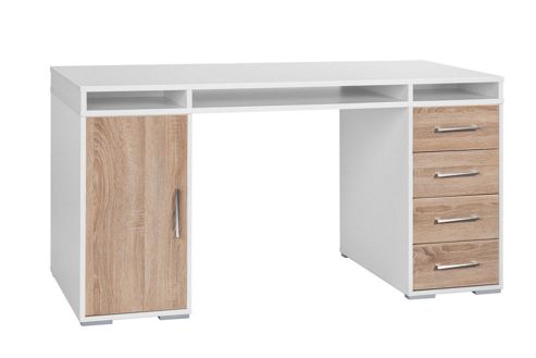 Image of Maja- M--bel 4 Drawer Computer Desk With 3 Storage Compartments - White / Sonoma-oak