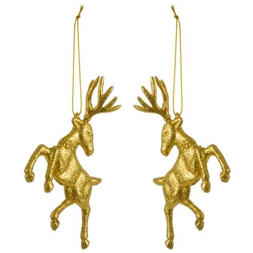 Image of Set Of Two Hanging Gold Glitter Reindeer Christmas Decorations
