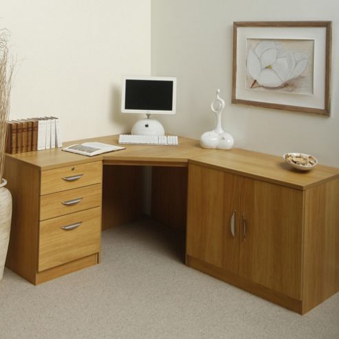 Image of Enduro Home Office Corner Desk / Workstation With Pedestal And Cupboard - Walnut