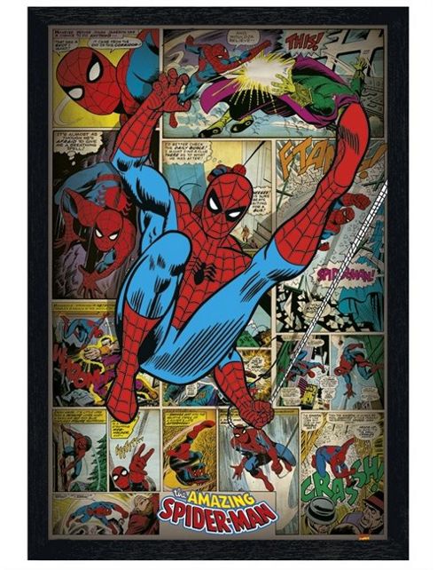 Image of Black Wooden Framed Marvel Comics Retro Spiderman Compilation Poster