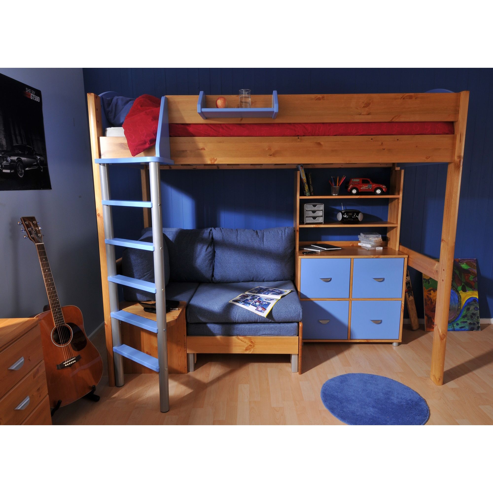 Stompa Casa High Sleeper Sofa Bed with 3 Shelf Unit - Antique - Blue - Blue Denim at Tesco Direct