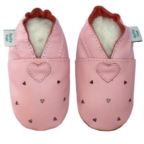 Dotty Fish Soft Leather Baby Shoe - Pink Cut Out Hearts - Newborn