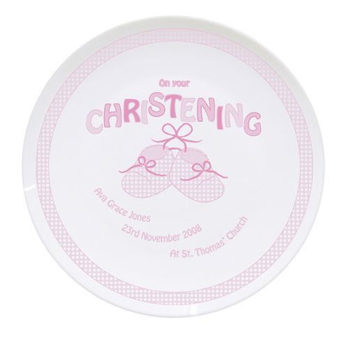 Image of Personalised Bootee Pink Baby Girl Christening Plate
