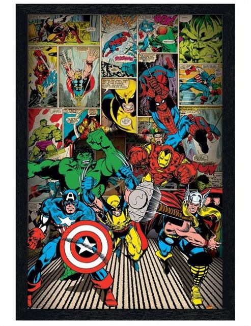 Image of Marvel Comics Black Wooden Framed Here Come The Heroes Poster