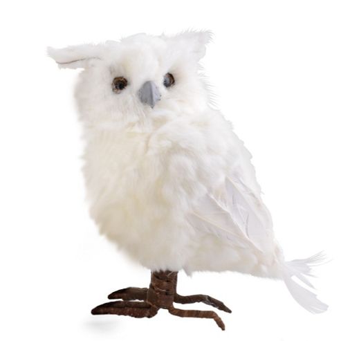 Image of Large Left Facing White Fluffy Feathered Owl Christmas Ornament
