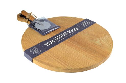 Image of Occasion Classic Oak Pizza Serving Board With Pizza Cutter