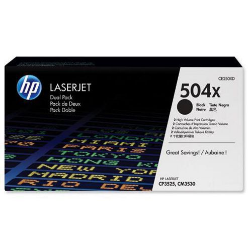 Image of Hewlett-packard 504x Black Toner Cartridges (dual Pack) For Cp3525/cm3530 Colour Laserjet Printers