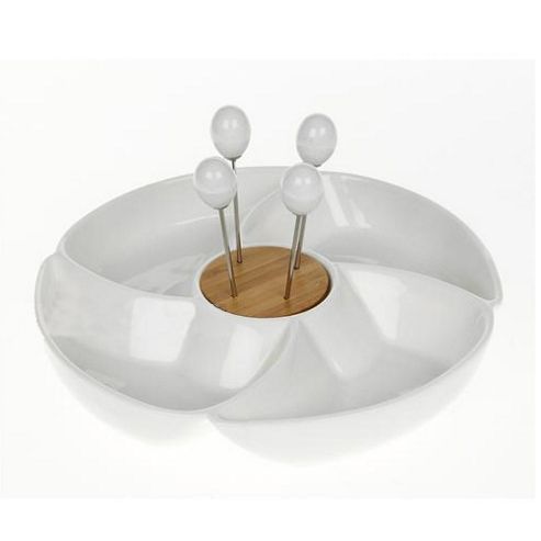 Image of Party - Bamboo And Ceramic Round Olive / Pickle Set - White / Brown