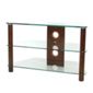 Corner TV Stand with Clear Glass and Dark Wood Legs