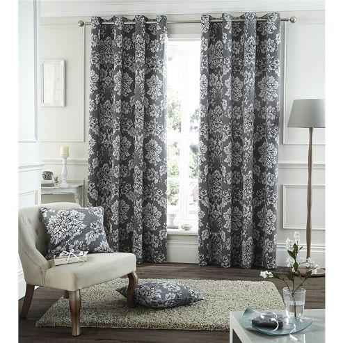 Image of Catherine Lansfield Home Cotton Rich Toile Damask Charcoal Curtains 66x54