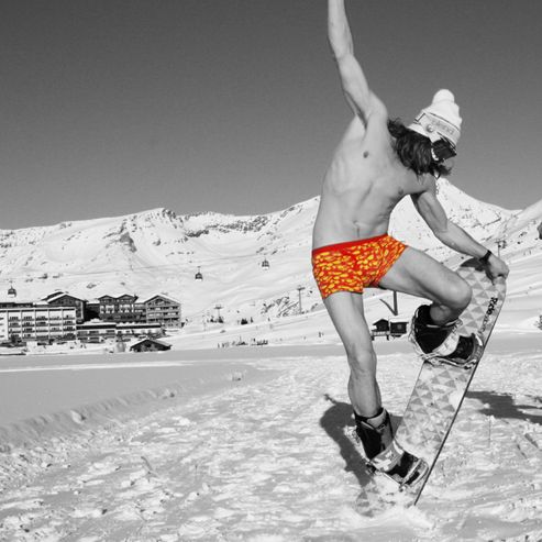Image of Holy Mackerel Snowboarder In Bright Underwear Greetings Card