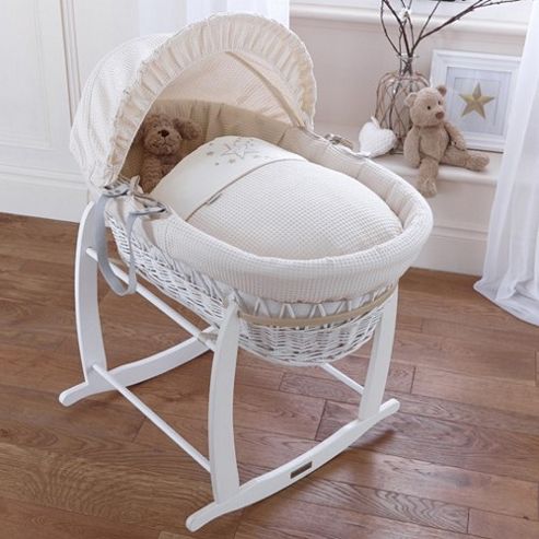 Image of Clair De Lune Stardust White Wicker Moses Basket (cream)