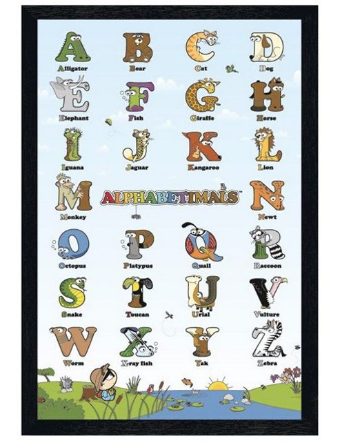 Image of Alphabetimals Black Wooden Framed Alligator, Octopus, Kangaroo & Zebra Too! Poster