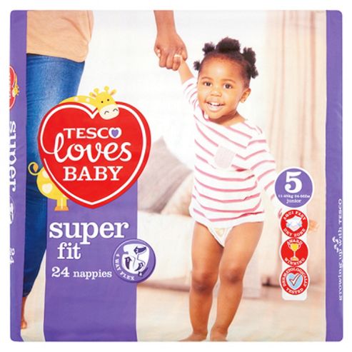 Image of Tesco Loves Baby Super Fit Nappies Size 5 Junior 24 Pack
