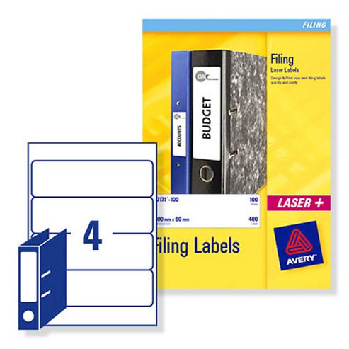 Image of Avery Filing Labels Laser Lever Arch 4 Per Sheet 200x60mm Ref L7171-100 [400 Labels]