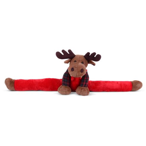 Image of Soft Fabric Moose Draught Excluder In Red & Tartan Dungarees