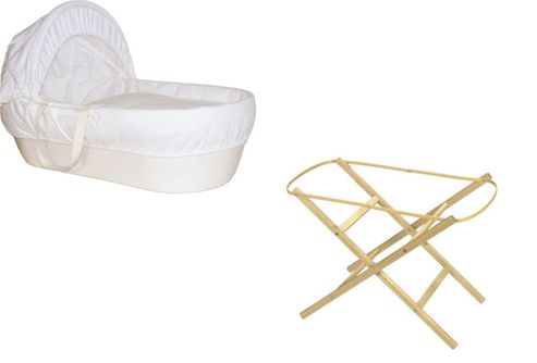 Image of Shnuggle Basket Cream With White Waffle Dressings & Shnuggle Folding Moses Basket Pine Stand 2 Item Bundle