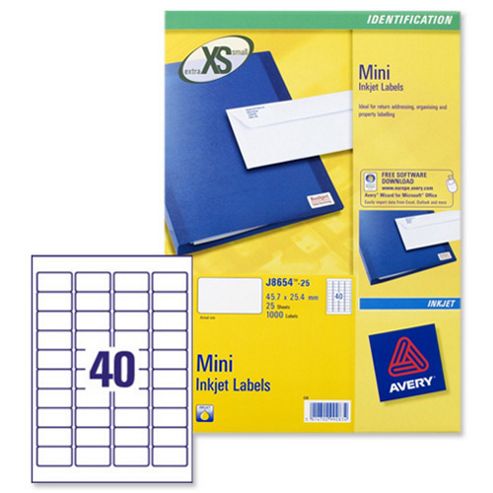 Image of Avery Mini Labels Inkjet 40 Per Sheet 45.7x25.4mm White Ref J8654-25 [1000 Labels]
