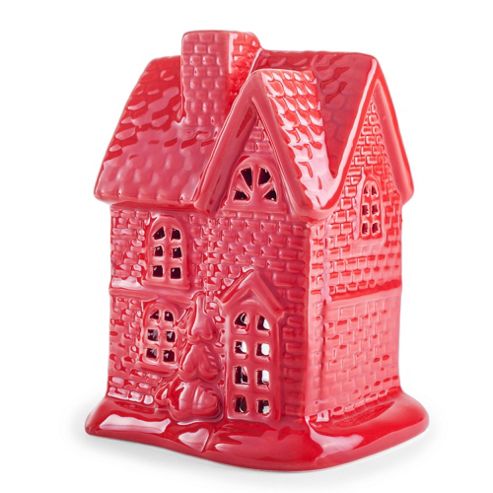 Image of Festive Glazed Red Ceramic House Tealight Candle Lantern