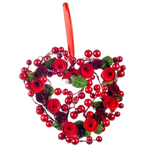 Image of Hanging Artificial Red Berry & Spiral Wood Christmas Heart Wreath