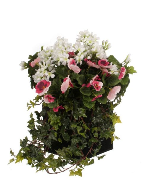 Image of Artificial Pink Pansy, White Geranium And Green Ivy Display In A Basalt Black 20cm Square Planter