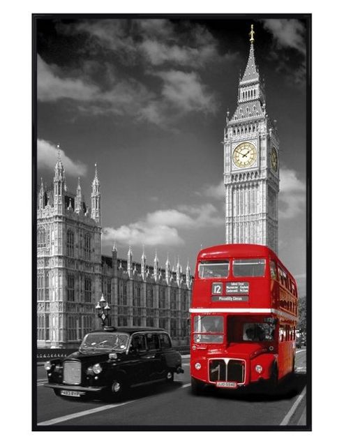 Image of Iconic London View Gloss Black Framed Piccadilly Bus And Black Cab Poster